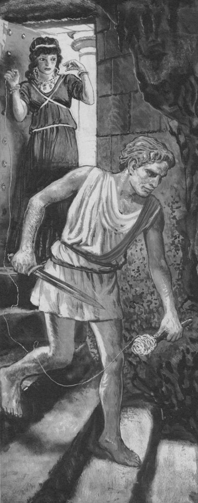 Theseus betreedt het labyrint, een bol touw afrollend door English School